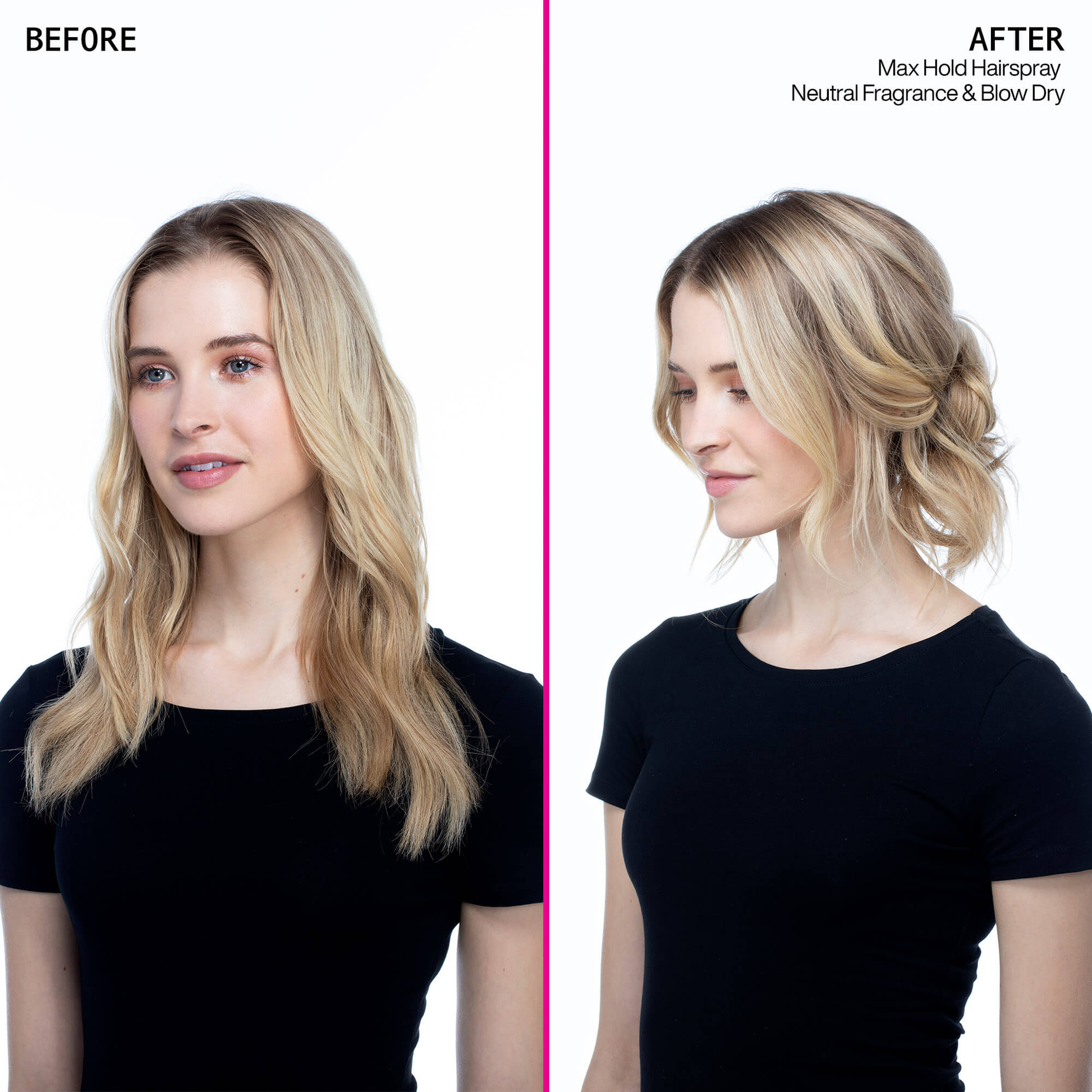 Before and after comparison of a woman with styled hair using Max Hold Hairspray.