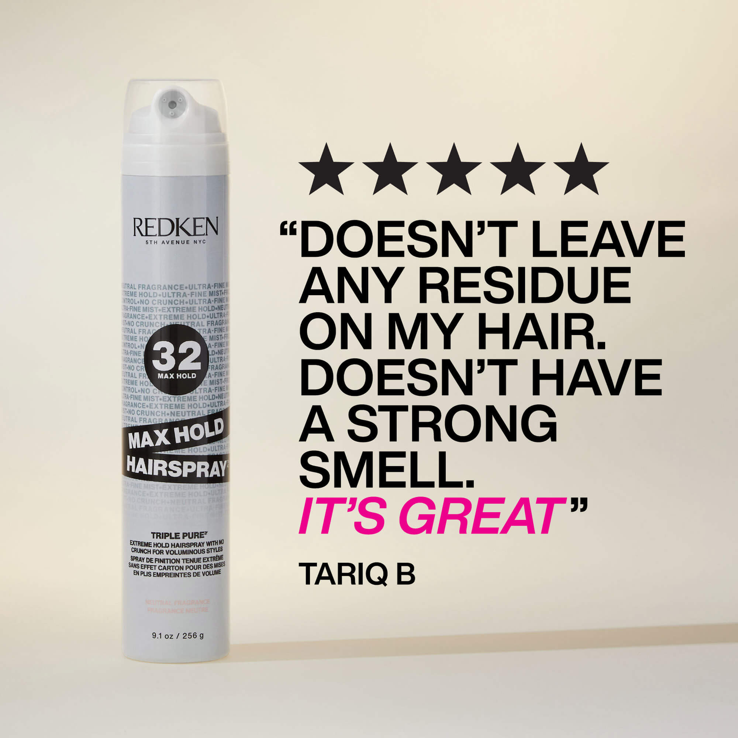 Redken hairspray with a five-star rating and customer review on a beige background