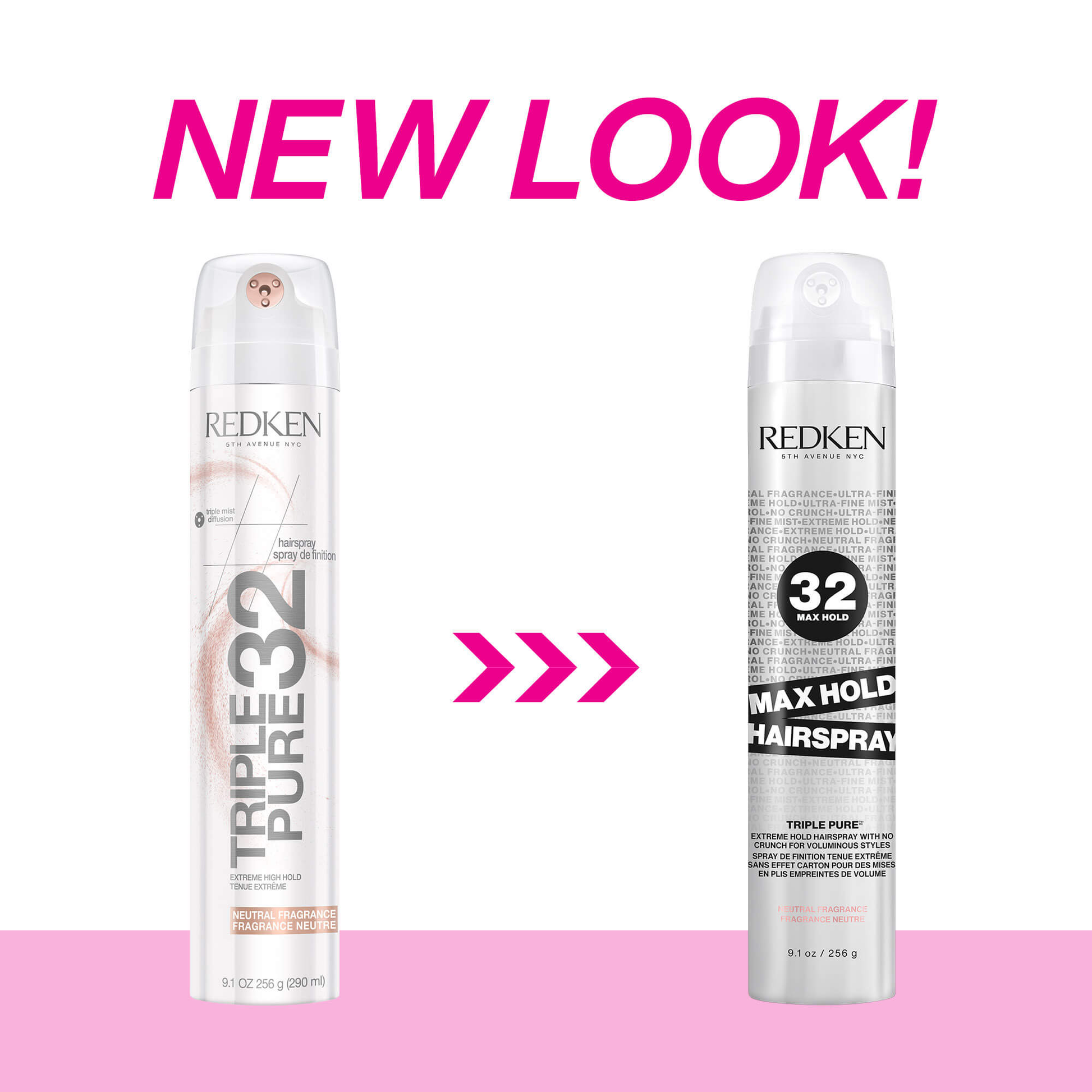 Two Redken hair spray bottles with 'NEW LOOK!' text on a white background