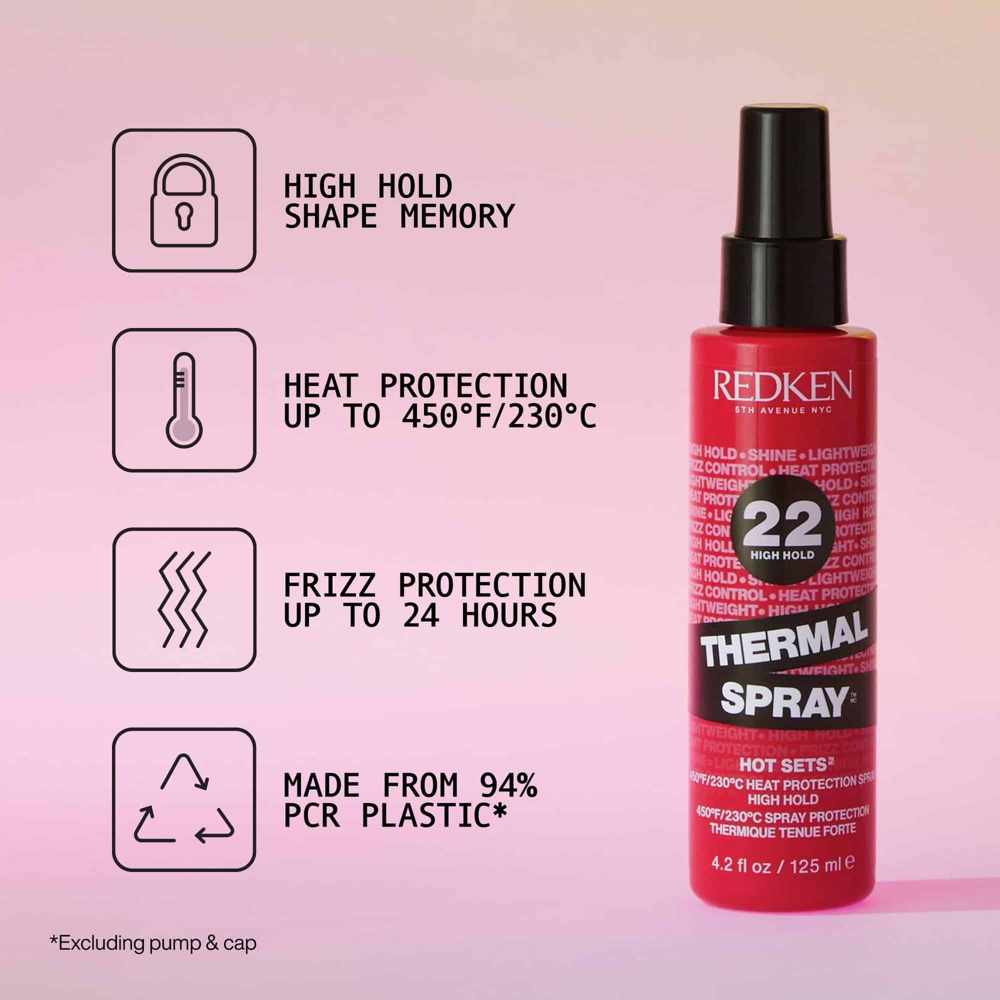 Redken Thermal Spray bottle with features on a pink background