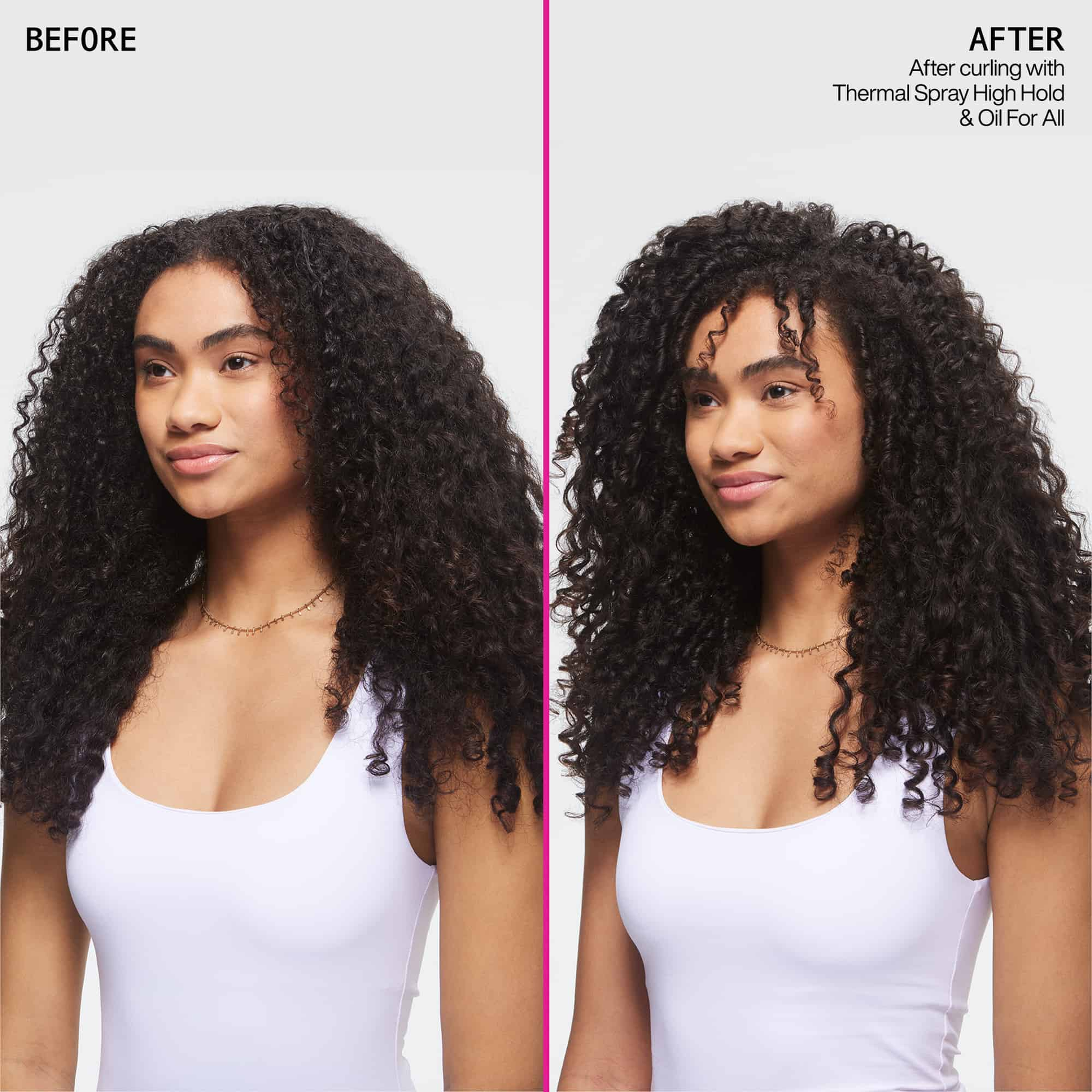 Before and after comparison of a woman's hair with styling product application.