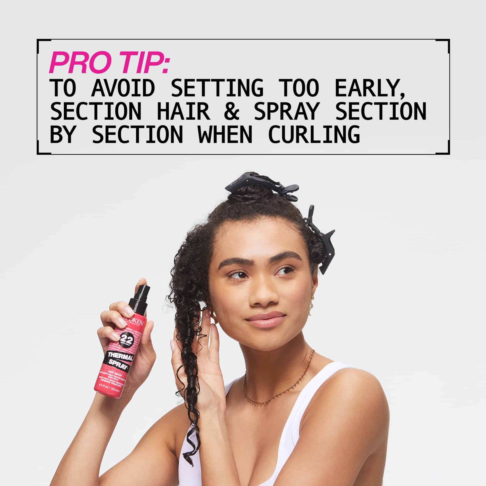 Woman holding a hair product with text on a white background