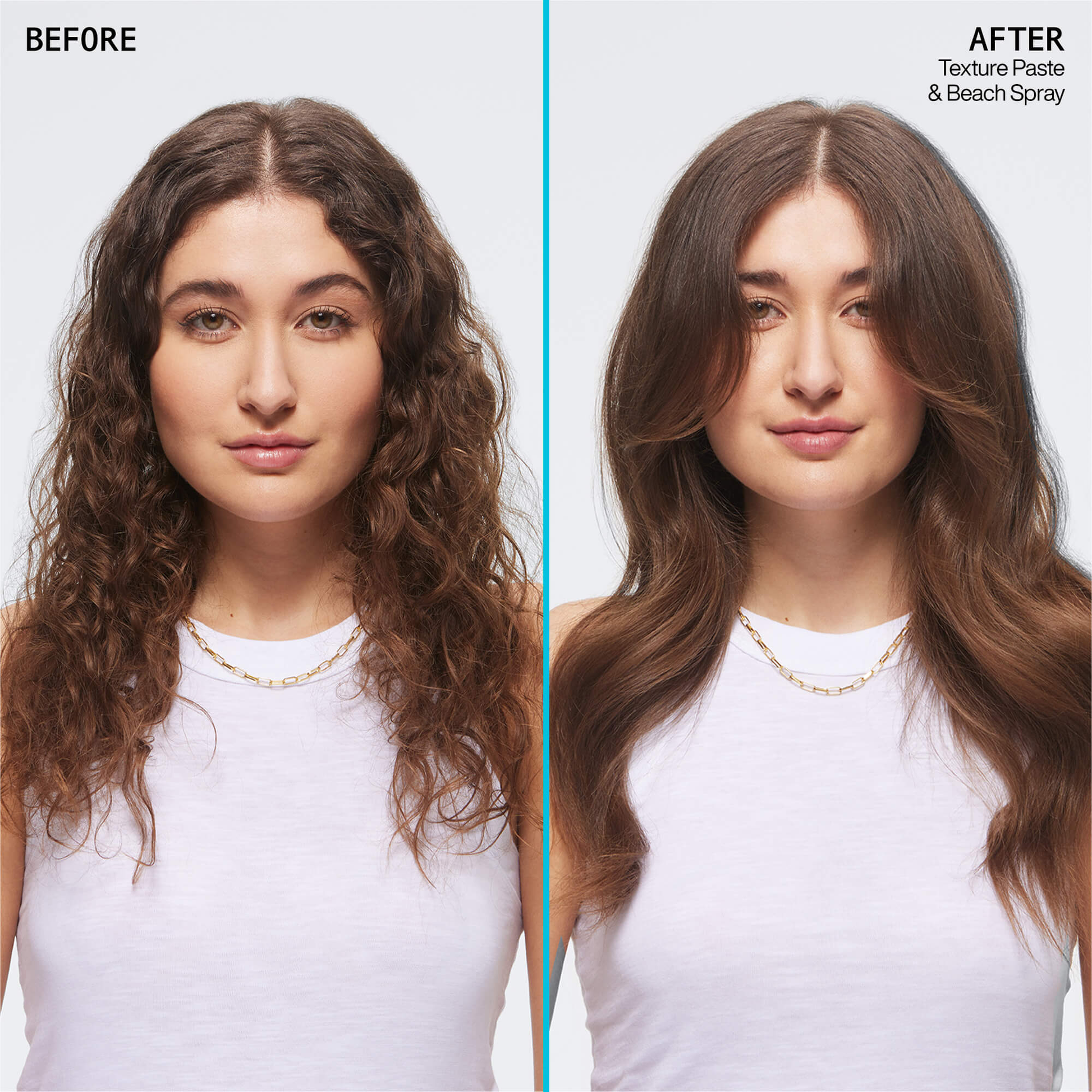 Before and after comparison of hair styled with texture paste and beach spray.