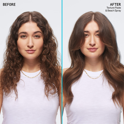 Before and after comparison of hair styled with texture paste and beach spray.