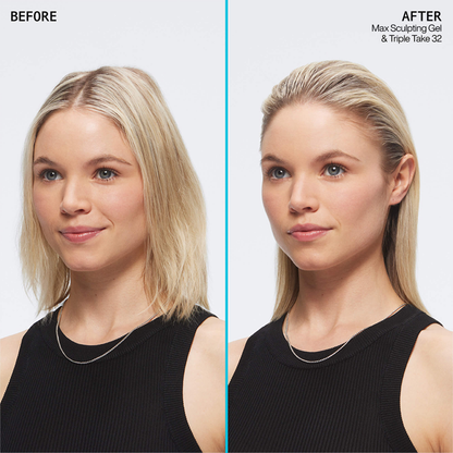 Before and after comparison of a woman with styled hair using Max Sculpting Gel and Triple Take 32.