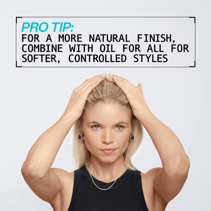 Woman with blonde hair holding her head, with text overlay on a light gray background