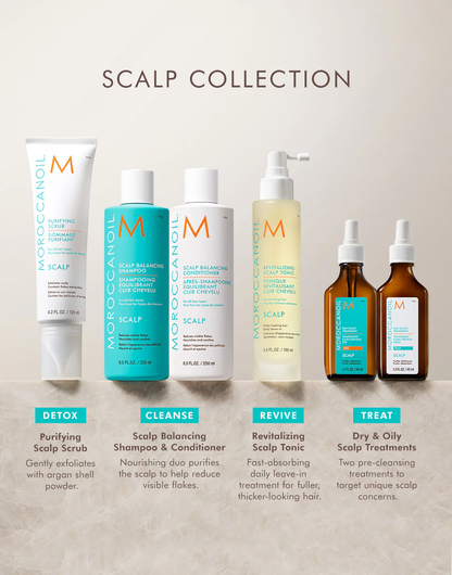 Moroccanoil scalp care product lineup on a neutral background