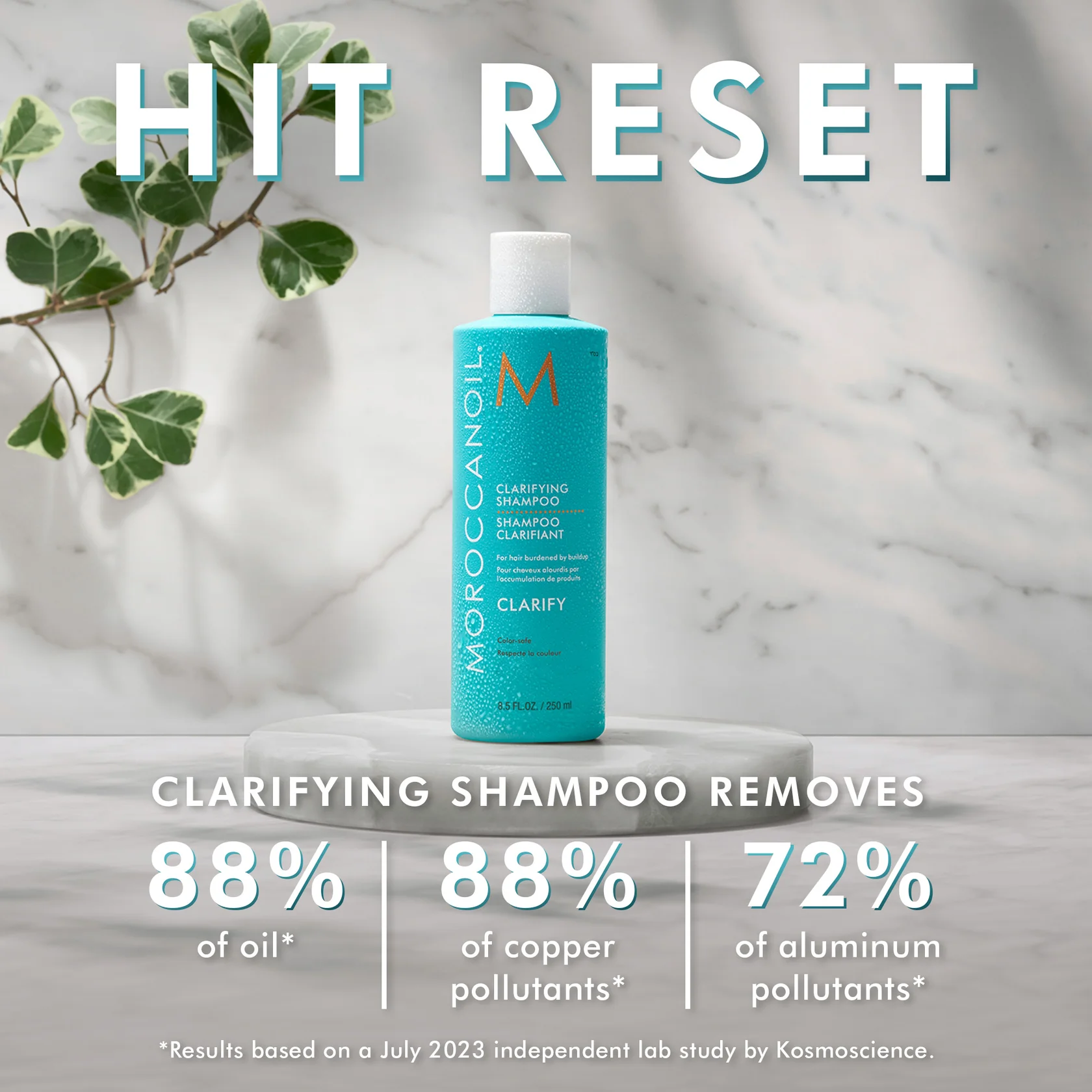 Moroccanoil clarifying shampoo bottle on a marble surface with text about product benefits.