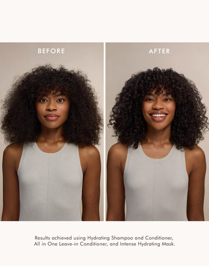 Before and after comparison of a woman's hair with text about product results.