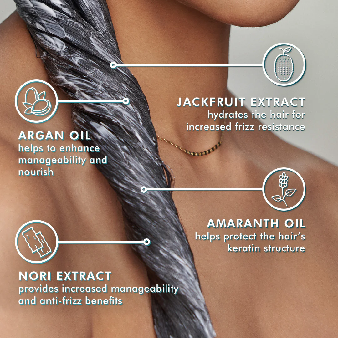 Close-up of a person with gray hair, highlighting ingredients like argan oil, jackfruit extract, amaranth oil, and nori extract.