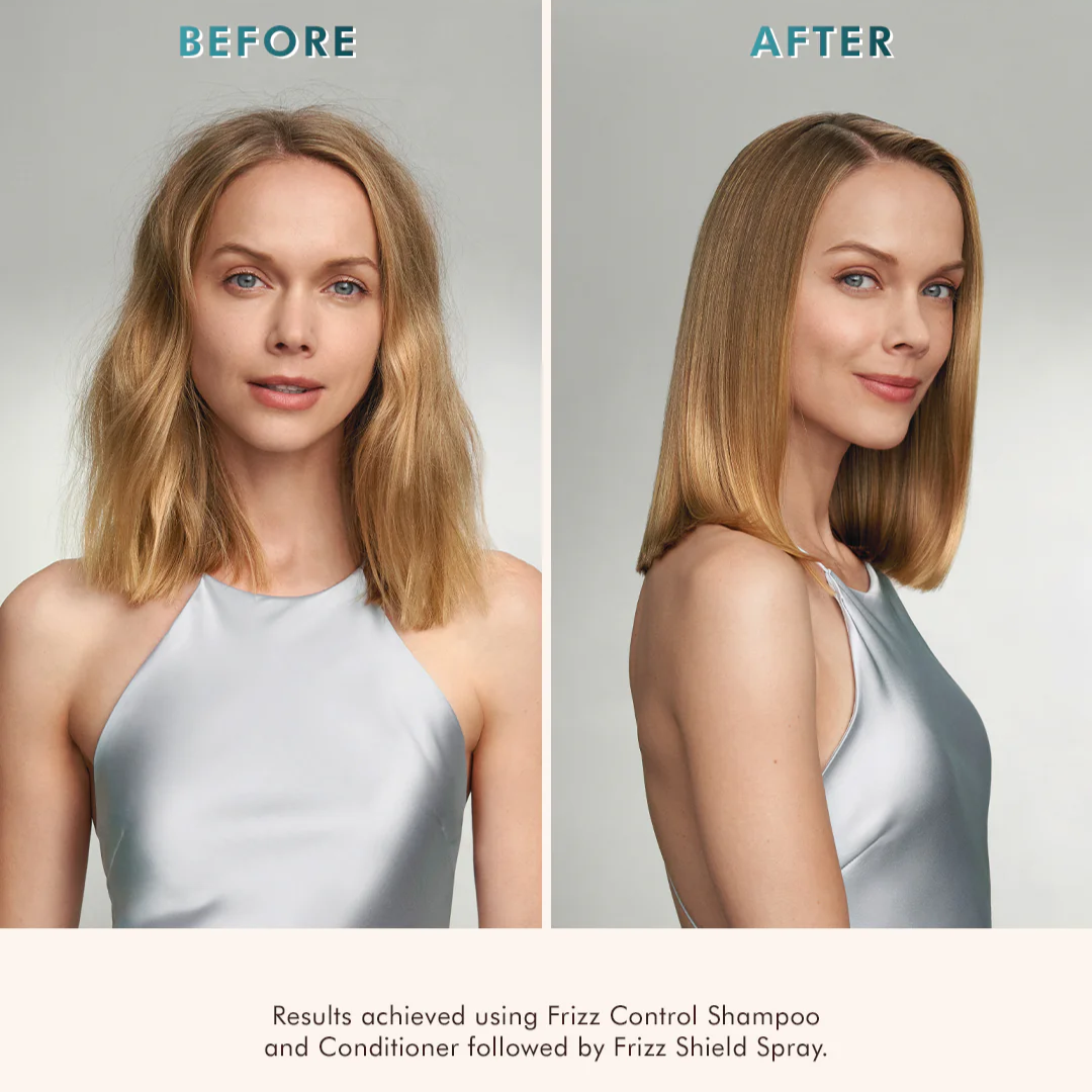 Before and after comparison of a woman's hair using Frizz Control Shampoo and Conditioner followed by Frizz Shield Spray.