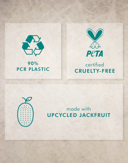 Certification logos for PCR plastic, cruelty-free, and upcycled jackfruit on a textured background.