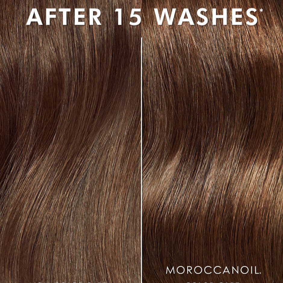 Comparison of hair strands treated with Moroccanoil Color Care Shampoo & Conditioner and a non-color care product after 15 washes.