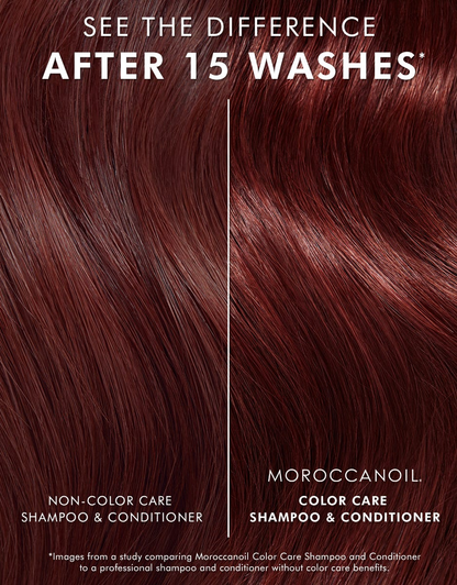 Advertisement for Moroccanoil Color Care Shampoo & Conditioner showing hair difference after 15 washes.