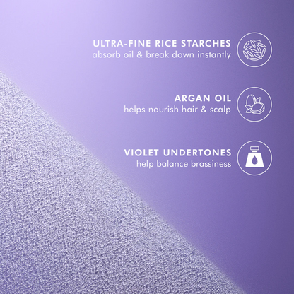 Purple background with text about ultra-fine rice starches, argan oil, and violet undertones.