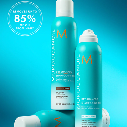 Moroccanoil dry shampoo bottles on a blue background