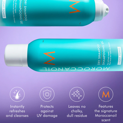 Two bottles of Moroccanoil dry shampoo on a purple background with product features listed.