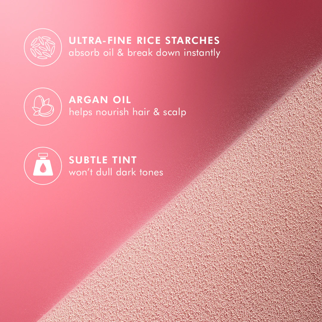 Product packaging with text about ultra-fine rice starches, argan oil, and subtle tint on a pink background.