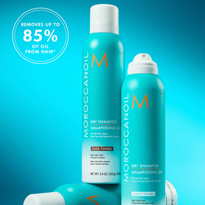 Moroccanoil dry shampoo bottles on a blue background