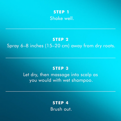 Instructions on how to use dry shampoo with a blue background