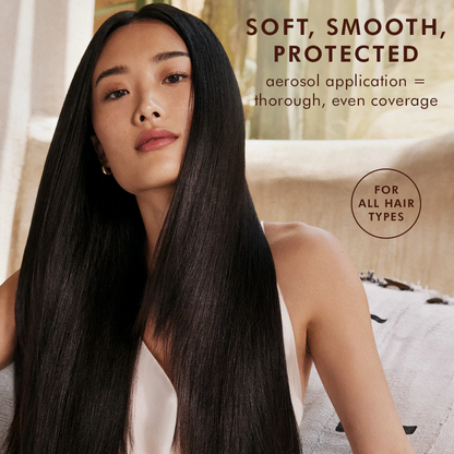 Woman with straight hair sitting on a couch, with text about hair care product application.