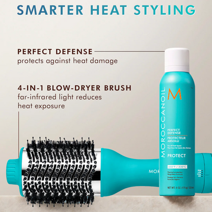 Moroccanoil hair care product with a 4-in-1 blow-dryer brush on a neutral background
