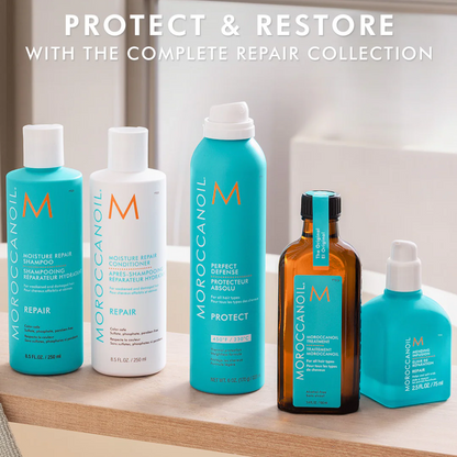 Moroccanoil hair care products on a shelf with text 'Protect & Restore with the Complete Repair Collection'.