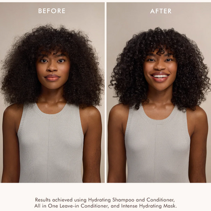 Before and after comparison of a woman's hair with text about product results.