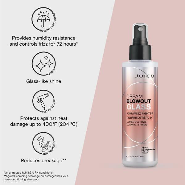 Joico Dream Blowout Glass hair product with features listed on a light pink background