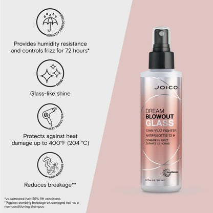 Joico Dream Blowout Glass hair product with features listed on a light pink background
