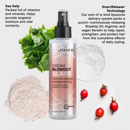 Joico Dream Blowout Glass hair product with sea kelp, rosehip oil, and other ingredients on a white background