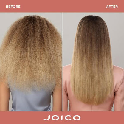 Before and after comparison of hair treatment with JOICO branding.