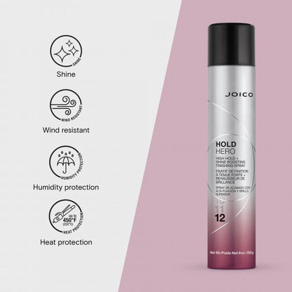 Joico Hold Hero hair spray bottle with features on a light pink background