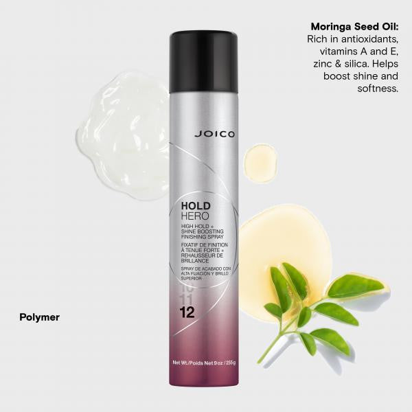 Joico Hold Hero hair spray bottle with Moringa Seed Oil text on a light gray background