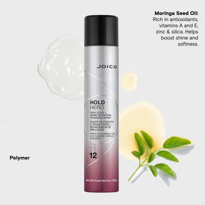 Joico Hold Hero hair spray bottle with Moringa Seed Oil text on a light gray background