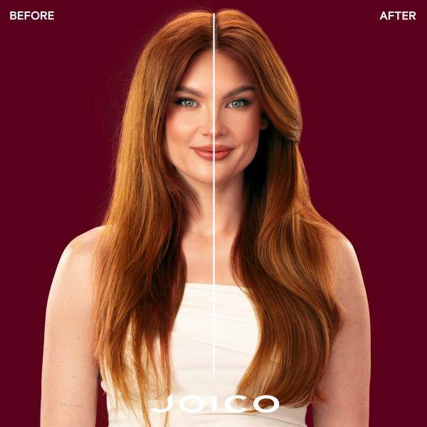 Before and after comparison of a woman's hair color with Joico logo.