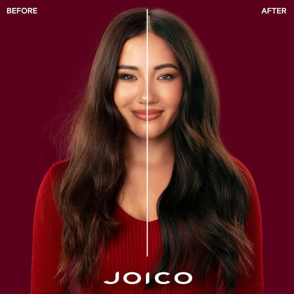 Before and after comparison of hair color with Joico logo on a red background