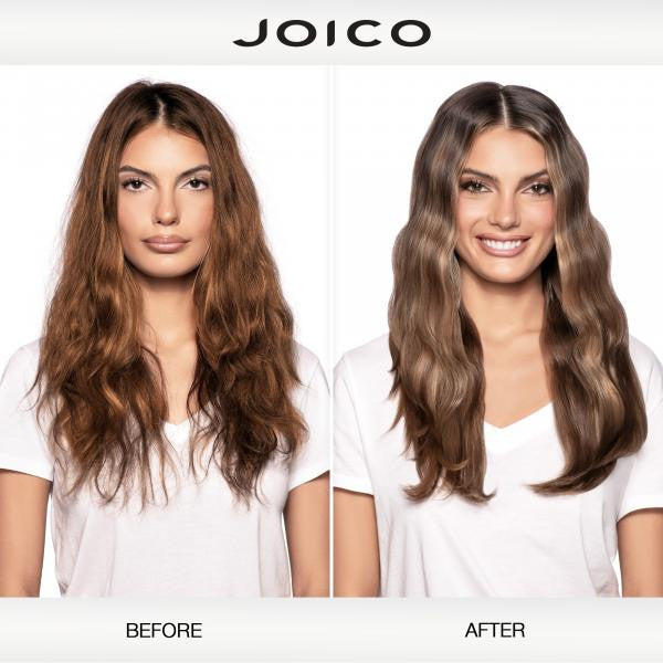 Before and after hair color transformation using Joico product on a model.