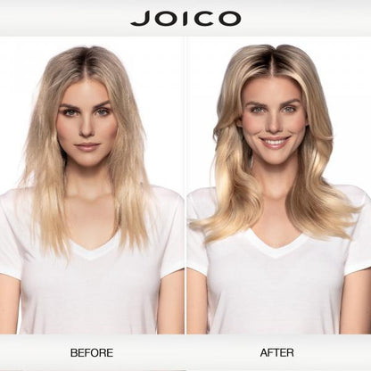 Before and after comparison of a woman's hair with Joico branding.