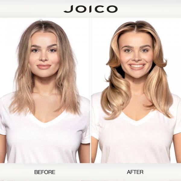 Before and after comparison of a woman's hair with Joico branding.