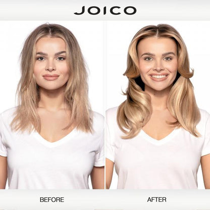 Before and after comparison of a woman's hair with Joico branding.
