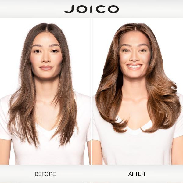 Before and after comparison of hair treatment with JOICO branding.