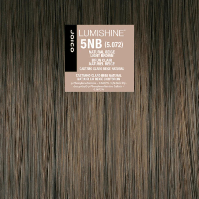 A rectangular product label reading 'LUMISHINE 5NB (5.072)' centered on a dark brown hair texture background, with Joico branding visible on the left side of the label.