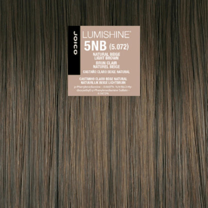 A rectangular product label reading 'LUMISHINE 5NB (5.072)' centered on a dark brown hair texture background, with Joico branding visible on the left side of the label.