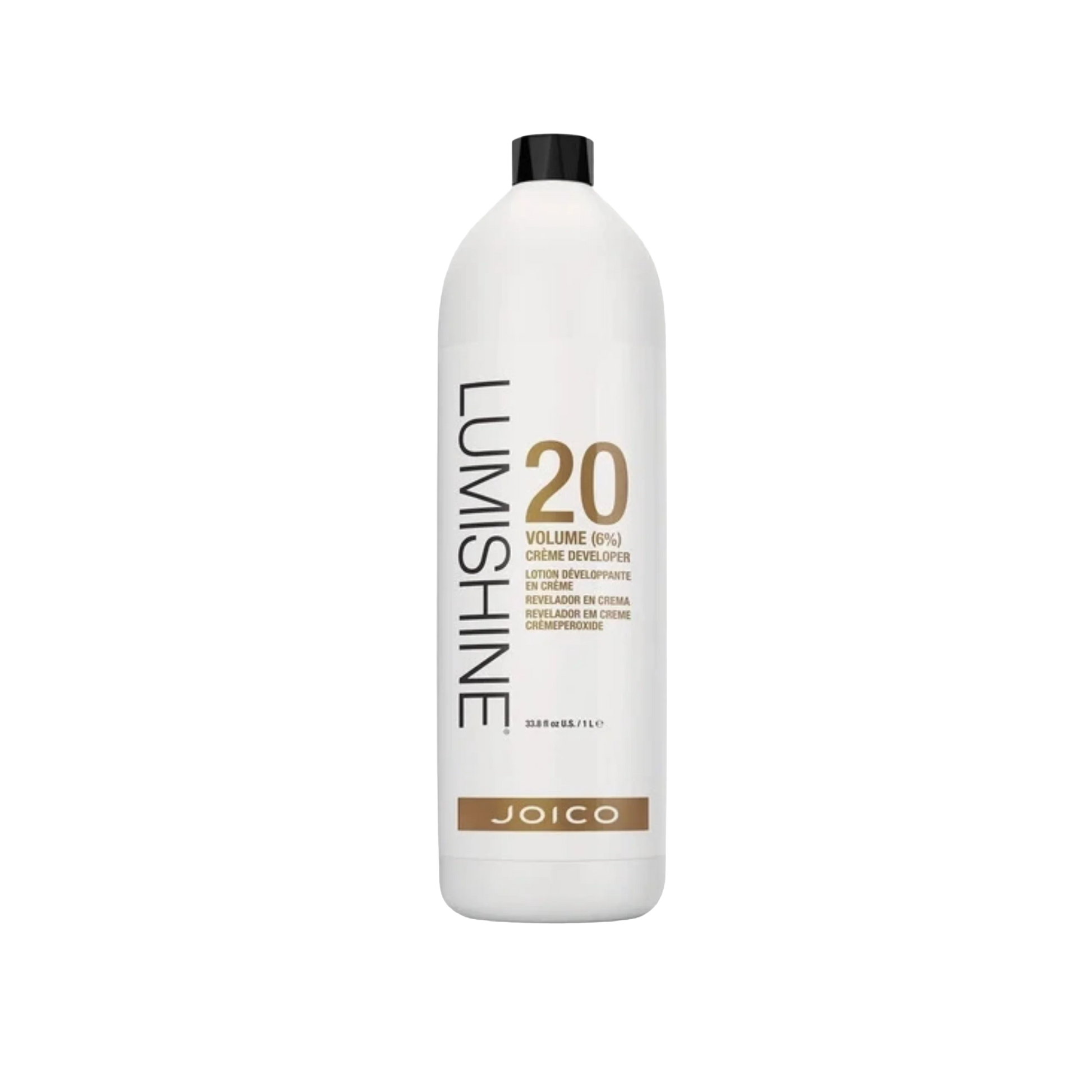 A large white bottle of Joico Lumshine Volume 20 Creme Developer with a black cap, shown on a plain white background.