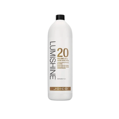 A large white bottle of Joico Lumshine Volume 20 Creme Developer with a black cap, shown on a plain white background.