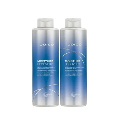 Two bottles of Joico Moisture Recovery shampoo and conditioner on a white background