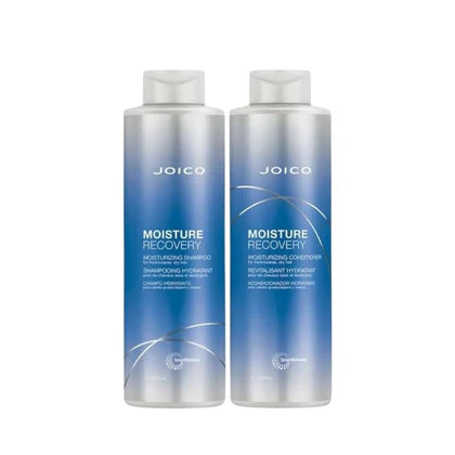 Two bottles of Joico Moisture Recovery shampoo and conditioner on a white background