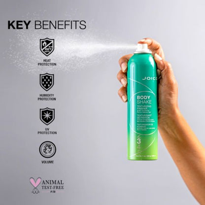 Joico Body Shake product with key benefits listed on a gray background