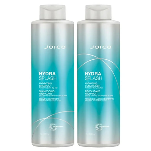 Two bottles of Joico Hydra Splash shampoo and conditioner on a white background